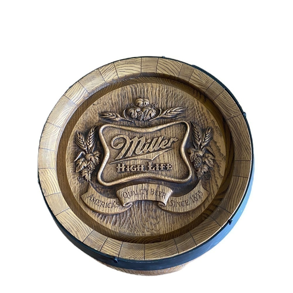 Vintage Miller High Life Beer Barrel Hanging Sign Man Cave Decor Tan Brown